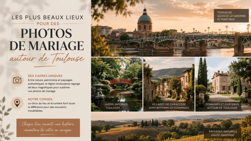 Montage illustrant les plus beaux lieux pour réaliser des photos de mariage autour de Toulouse, avec les quais de la Garonne, le Jardin Japonais, des villages de caractère, des domaines et les paysages naturels de Haute-Garonne.