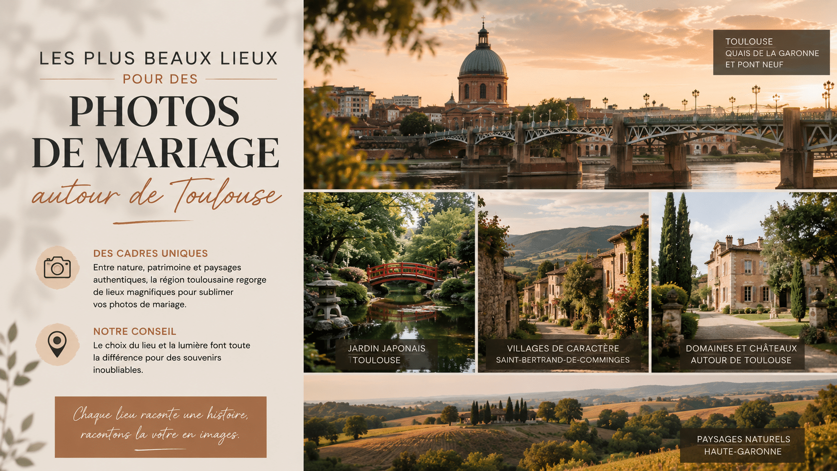 Montage illustrant les plus beaux lieux pour réaliser des photos de mariage autour de Toulouse, avec les quais de la Garonne, le Jardin Japonais, des villages de caractère, des domaines et les paysages naturels de Haute-Garonne.