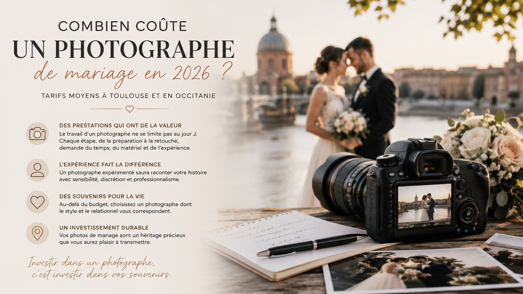 Illustration sur le prix d'un photographe de mariage à Toulouse en 2026 avec un reportage photo de couple réalisé par Bruno Martinez, photographe en Occitanie.
